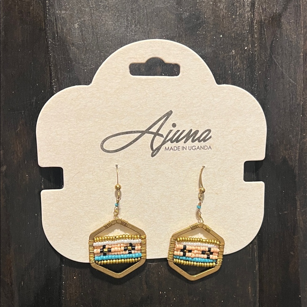 Gold Hexagon Beaded Drop Earrings - Pink & Turquoise